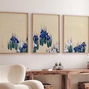 Japanese Irises Wall Art – Triptych Floral Print, Traditional Asian Painting, Zen Nature Decor, Wabi-Sabi Botanical Poster Set