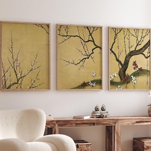Triptych Plum Blossom Art – Japanese Ink Painting Prints - Gold Background – Botanical Wall Decor – Sakura Branch Artwork - Japandi Interior