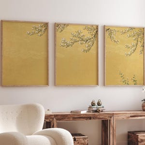 Japanese cherry blossom , Set of 3 Wall Art - Japanese Gold Floral Print  - Minimalist Nature Decor - Large Botanical Artwork