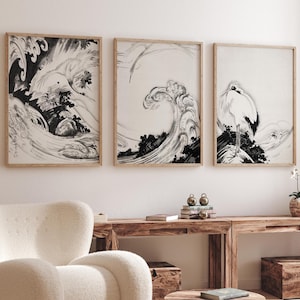Black and White Wall Art - Japanese Sumi-e Wave Print - Minimalist Zen Decor - Asian Ink Painting - Ocean Tryptic Artwork - Wabi-Sabi Decor