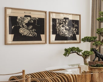 Set Of 2 Prints , Black And White Wall Art , Japanese Art Print , Japanese Wall Art , Antique Asian Print , Gallery Wall Set , Japan Poster