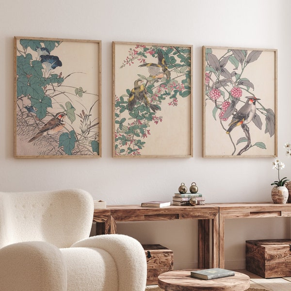 Imao Keinen , Japanese Print - Minimalist Japanese Art - 3 Pieces Art - Keinen Kacho Gafu - Japanese Birds And Flowers - Neutral Decor