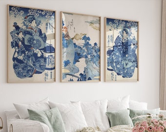 Set Of 3 - Hokusai Print - Japanese Wall Art - Katsushika Hokusai Blue and White Wall Art - Antique Asian Print - Japanese Art Print
