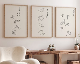 Minimalist Japanese Wall Art ,Set Of 3 Print ,Black And White Taguchi Tomoki ,Yatsuo no tsubaki , Butterfly Wall Art - UNFRAMED