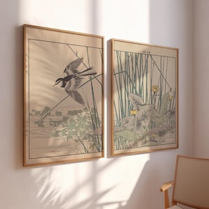 Imao Keinen - "Nuphar japonicum, Japanese Wagtail" , Set of 2 Remastered Art Prints , Vintage Bird Botanical Illustration, Japanese Wall Art