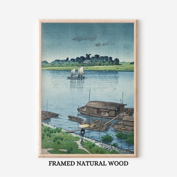 日本の木版画、伝統的な川の風景画、ビンテージの浮世絵船の風景の壁