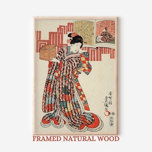 Gheisa  Colorful Kimono Artwork, Japanese Ukiyo-e Print -Traditional Japanese Art , Elegant kimono design, Vintage Asian Wall Decor - FRAMED