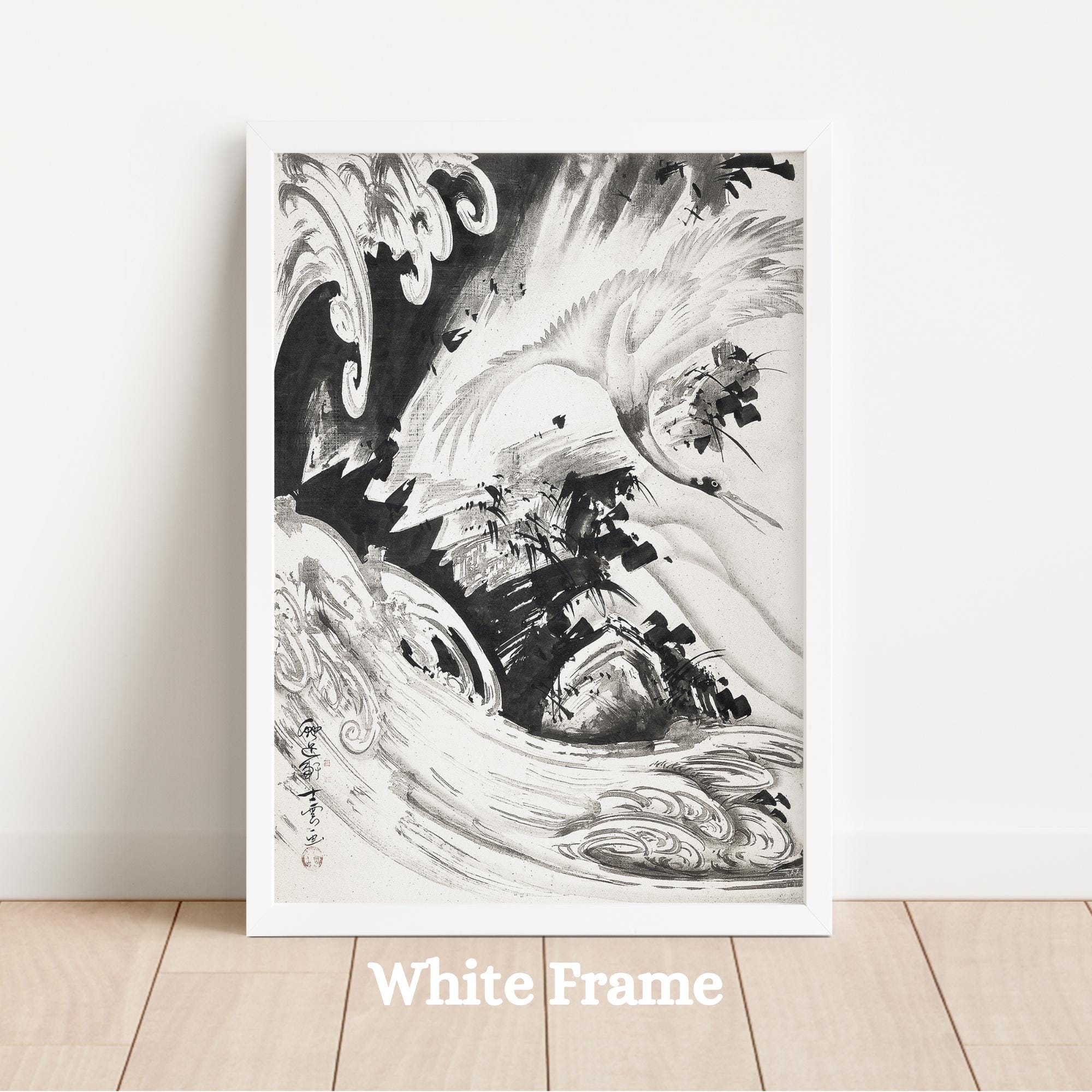 Black and White Wall Art - Japanese Sumi-e Wave Print - Minimalist