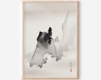 Japanese Mountain, Landscape Painting, Japanese Art Print, Japanese Wall Art, Asian Wall Art, Black And White Wall Art - UNFRAMED