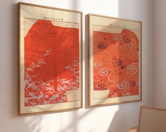 Set of 2 Print , Japanese Wall Art , Japanese Red Kimono Print , Japanese Poster , Framed Wall Art , Antique Vintage Print , Red Wall Art