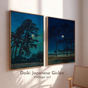 Set of 2 Japanese Night Prints | Moonlit Landscape Wall Art | Vertical Zen Posters | Gallery Wall Set  | Poster Moonlight Wall Art - UNFRAME