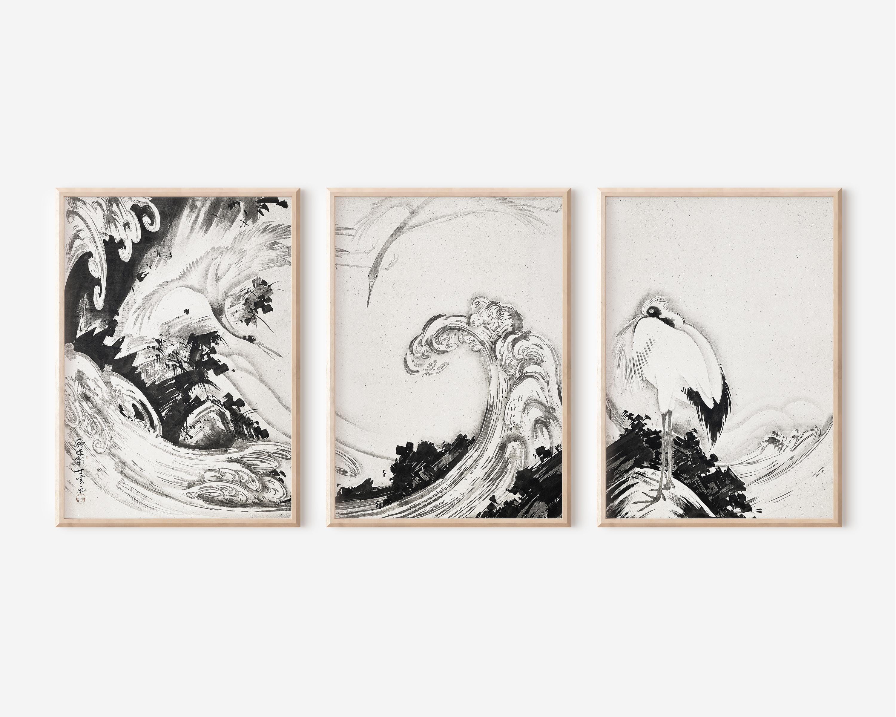 Black and White Wall Art - Japanese Sumi-e Wave Print