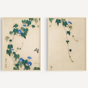 Japanese morning glory painting , Japanese wall art, botanical print, ,nature wall art, floral artwork, diptych wall art - FRAMED