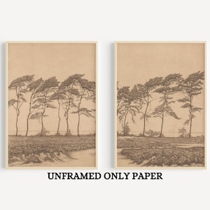 Tree Line Art Print – Minimalist Nature Wall Art, Set of 2 Vintage Landscape Prints, Neutral Botanical Decor , Pine Tree Sketch Art- UNFRAME