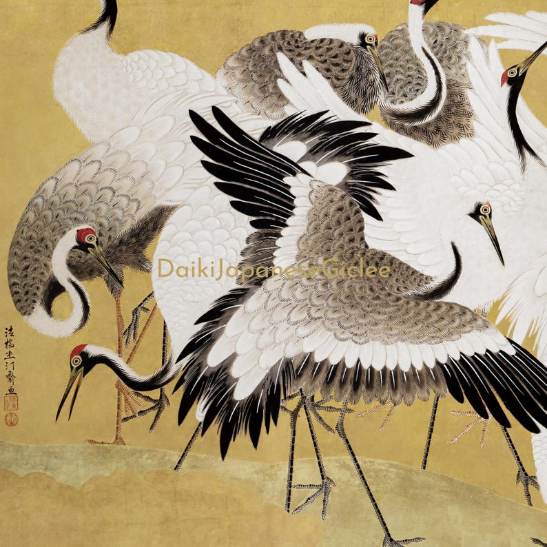 Japanese Crane Art | Gold Leaf Triptych Wall Print | Elegant Asian ...