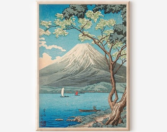 日本の木版画、伝統的な川の風景画、ビンテージの浮世絵船の風景の壁