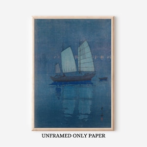 Maritime art Poster , Sailing Ship Seascape , Nautical Indigo Wall Art , Coastal Decor, Maritime Traditional Asian Art , UNFRAMED