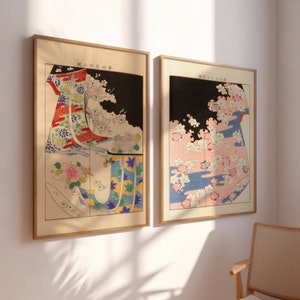 Japanese Kimono , Set Of 2 Pieces , Japanese Wall Art , Kimono Wall Art , Vintage Japanese Print , Gallery Wall Set - FRAMED