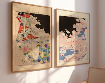 Japanese Kimono , Set Of 2 Pieces , Japanese Wall Art , Kimono Wall Art , Vintage Japanese Print , Gallery Wall Set - UNFRAMED