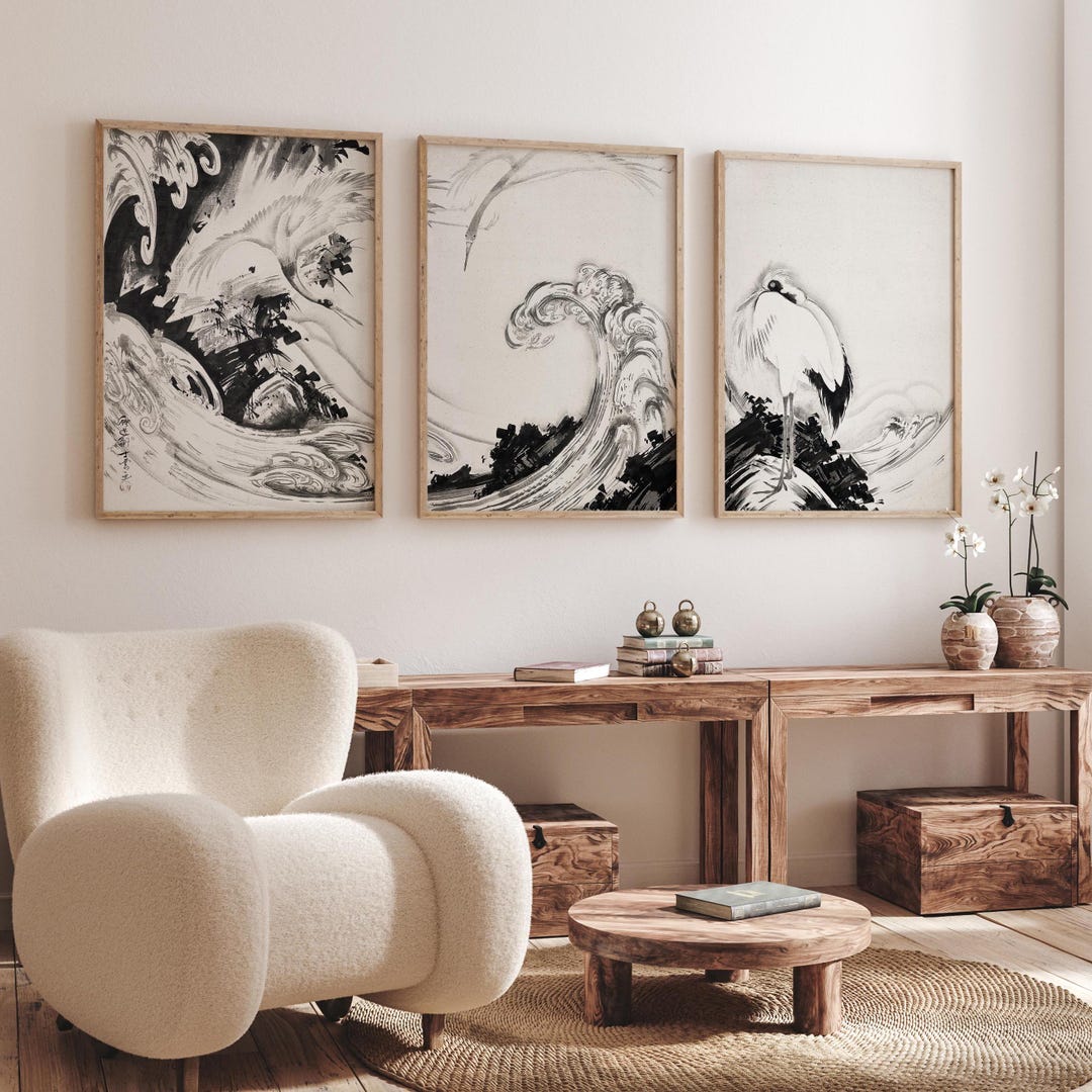 Black and White Wall Art - Japanese Sumi-e Wave Print - Minimalist