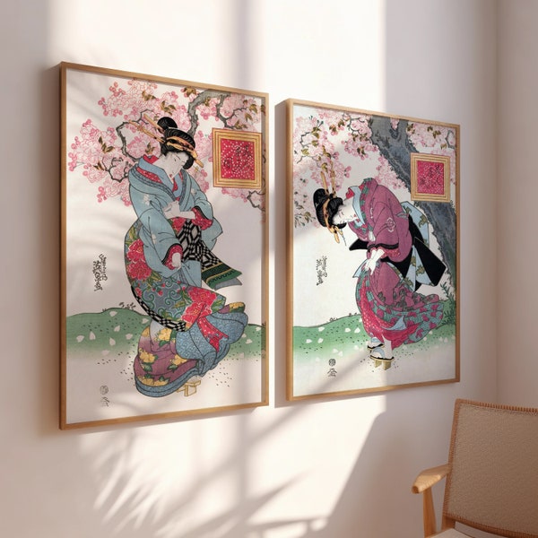Set Of 2 Pieces Woman , Keisai Eisen , Japanese geisha in kimono , Japanese Wall Art , Japanese Art Print ,Vintage Japanese Woodblock Prints