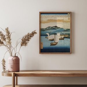 Wracające żagle w Yabase, Utagawa Hiroshige, żaglowiec, Vintage żaglówka, japoński żaglowiec Print, Vintage plakat japoński