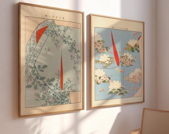 Japanese Wall Art - Traditional Floral Kimono Prints, Vintage Japanese Decor, Asian Botanical Art, Zen Home Decor, Minimalist Ukiyo-e Print