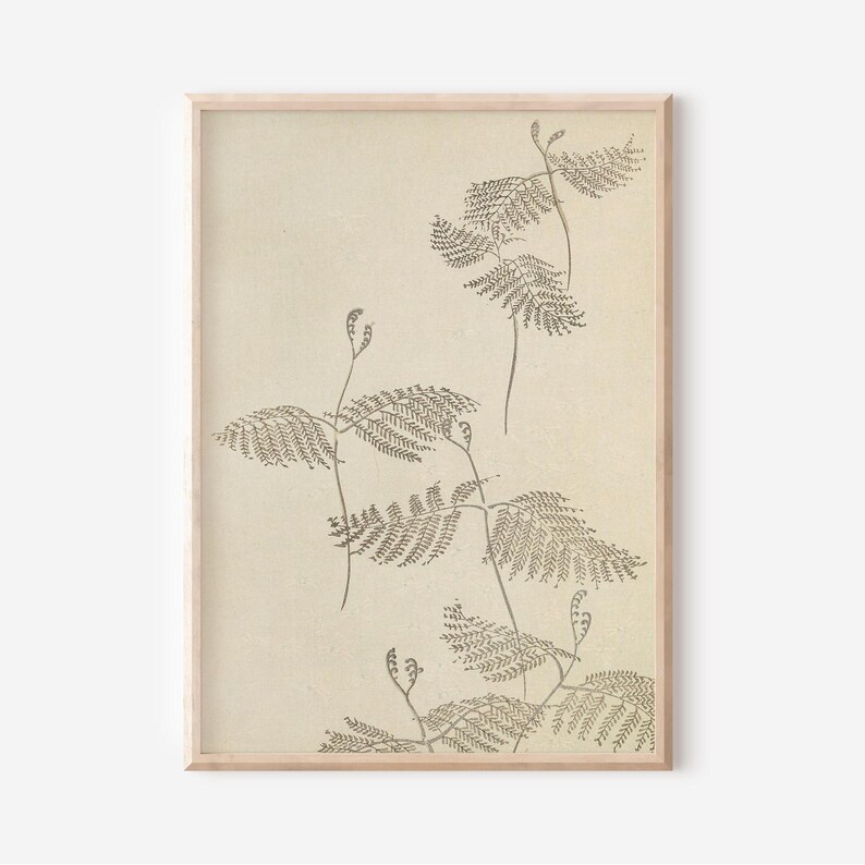 May include: A framed botanical print featuring a beige background with detailed illustrations of fern-like plants in shades of gray. The artwork has a minimalist aesthetic, with a focus on natural forms and textures. The wooden frame adds a touch of warmth.