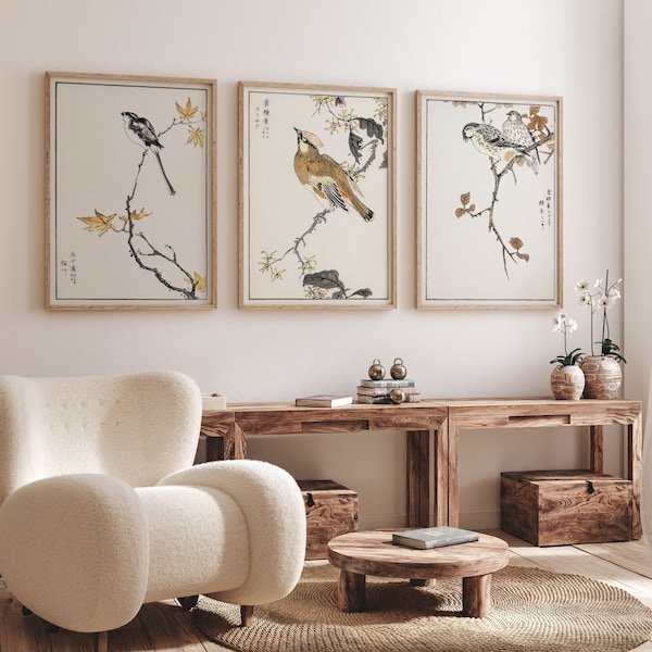 Japanese Art Birds Print - Japanese posters - Gallery Wall Set - Baby Room - Set Of 3 Pieces - Neutral Wall Art - Japanese Wall Art