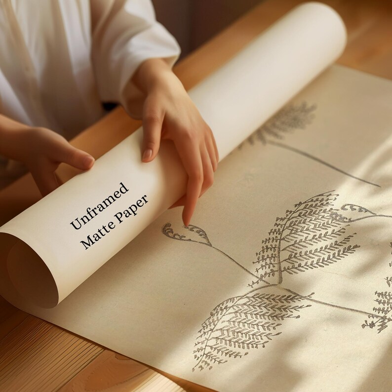 May include: A rolled-up, unframed matte paper print with a botanical design. The paper is cream-colored, and the print features a gray fern-like pattern. The text "Unframed Matte Paper" is printed on the rolled paper.