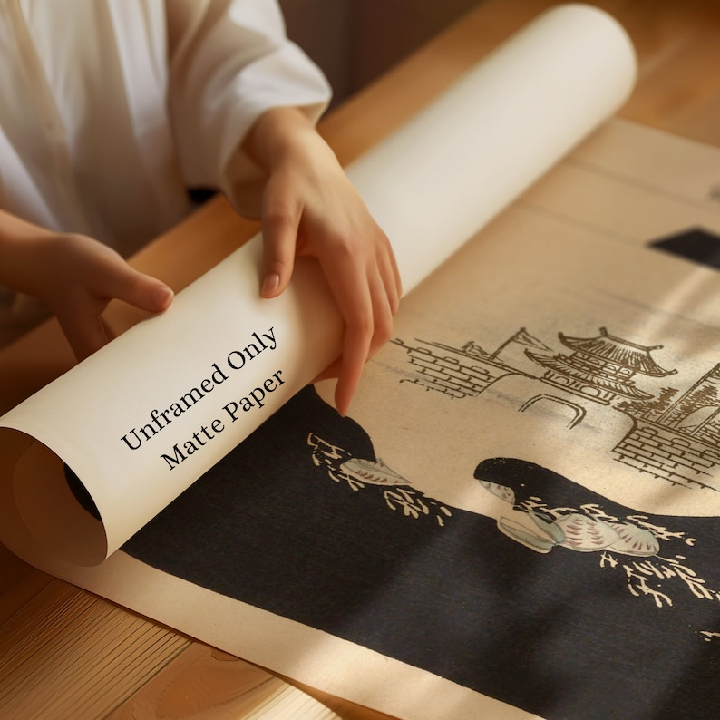 May include: A rolled up print of a black and white illustration of a Japanese temple with the text "Unframed Only Matte Paper" on the side.