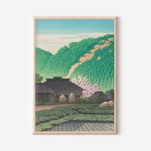 Japanese Vintage Art Print | Mountain Landscape with Village | Zen Wall Decor, Cottagecore, Rustic Farmhouse Interior