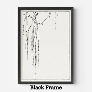 Pode incluir: Impress&atilde;o de arte em linha preta e branca de um ramo de salgueiro chor&atilde;o com uma moldura preta. A impress&atilde;o est&aacute; sobre um fundo branco.