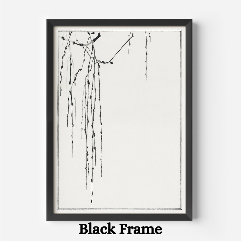 Pode incluir: Impress&atilde;o de arte em linha preta e branca de um ramo de salgueiro chor&atilde;o com uma moldura preta. A impress&atilde;o est&aacute; sobre um fundo branco.