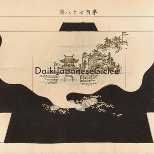 May include: A vintage Japanese woodblock print depicting a scene of a city with buildings and a gate. The print is in black, white, and gold tones. The text "新八十七百業" is visible at the top of the print.