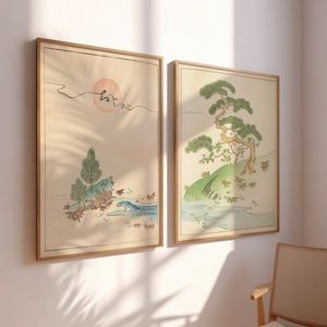 May include: Two framed prints with a Japanese aesthetic. The print on the left features a stylized landscape with a sun, a river, and a small island with trees. The print on the right features a stylized landscape with a large tree, a river, and a small island with trees.