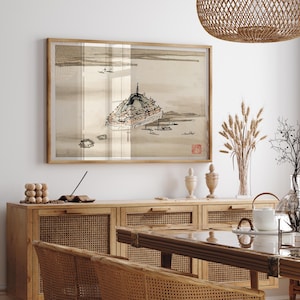 Japanese Sumi-e Ink Painting , Fortress Island , Pagoda & Sea, Zen Wall Art, Minimalist Asian Decor, Traditional Japan Print