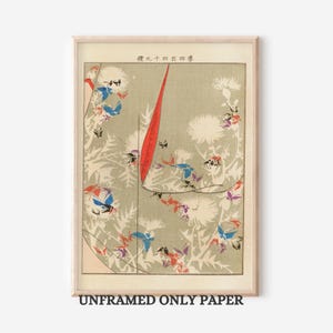 Japanese Nature Print | Elegant Thistle & Butterfly Art | Vintage Asian Wall Decor | Traditional Woodblock Style - UNFRAMED