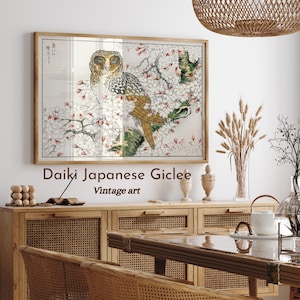 Owl wall art, Cherry Blossom Print, Japanese decor, sakura art, Bird illustration, Nature print, Ukiyo-e style, Zen home decor - UNFRAMED
