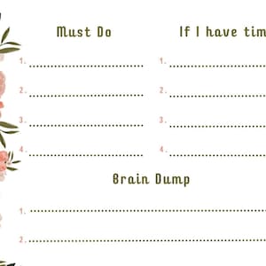 Blush Floral To Do List | Olive Flowers Brain Dump | Simple Must Do Printable | Organize 8.5x11 Planner | Akwarela bez daty A5 do pobrania