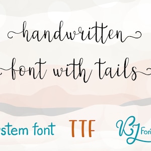 Op de afbeelding: Handgeschreven lettertype met staarten, een systeemlettertype, TTF en de tekst "KZ Fonts".