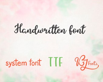 May include: Handwritten font in black text on a pink and green watercolor background. The text "system font" is in orange, "TTF" is in green, and "KJ Fonts" is in orange.