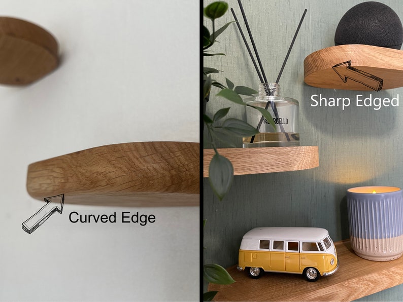 May include: Two wooden floating shelves with curved and sharp edges are displayed. One shelf is mounted on a white wall, the other on a green wall. Decorative items like a candle, a yellow and white toy van, and a diffuser are placed on the shelves.
