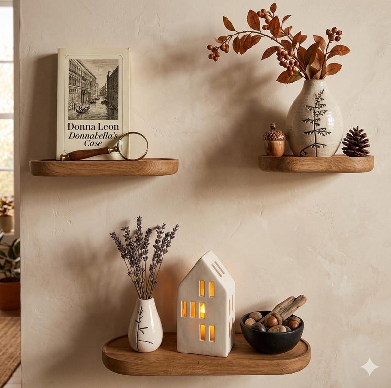 May include: Three wooden floating shelves with decorative items. The top shelf holds a book, a magnifying glass, and a vase with a branch. The middle shelf has a vase, a pinecone, and an acorn. The bottom shelf has a house-shaped candle holder, a vase with lavender, and a bowl of stones.