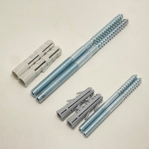 May include: An assortment of construction hardware, including several silver-colored screws and gray plastic wall anchors. The screws are long and threaded, designed for secure fastening. The anchors are cylindrical and ribbed for insertion into walls.