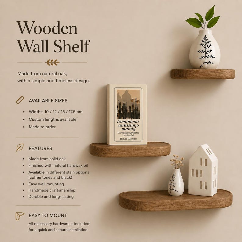 May include: Wooden wall shelves made from natural oak, with a simple design. The shelves are available in various widths, including 3.9, 4.7, 5.9, and 6.9 inches. Features include easy wall mounting and handmade craftsmanship. The image also shows a book and decorative vases.