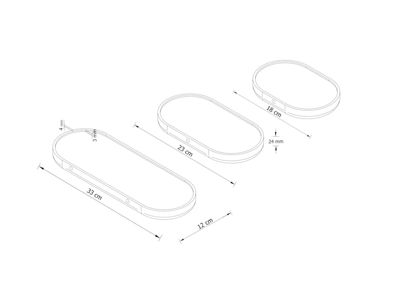 May include: Line drawing of three oval-shaped shelves with dimensions. The largest shelf is 33 cm long and 12 cm wide. The middle shelf is 23 cm long. The smallest shelf is 18 cm long. The shelf thickness is 24 mm.
