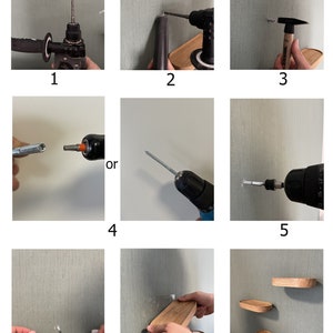 May include: A step-by-step guide on how to install floating shelves. The images show a person using a drill to create holes in the wall, attaching the shelves to the wall, and finally, the finished product with the shelves installed.