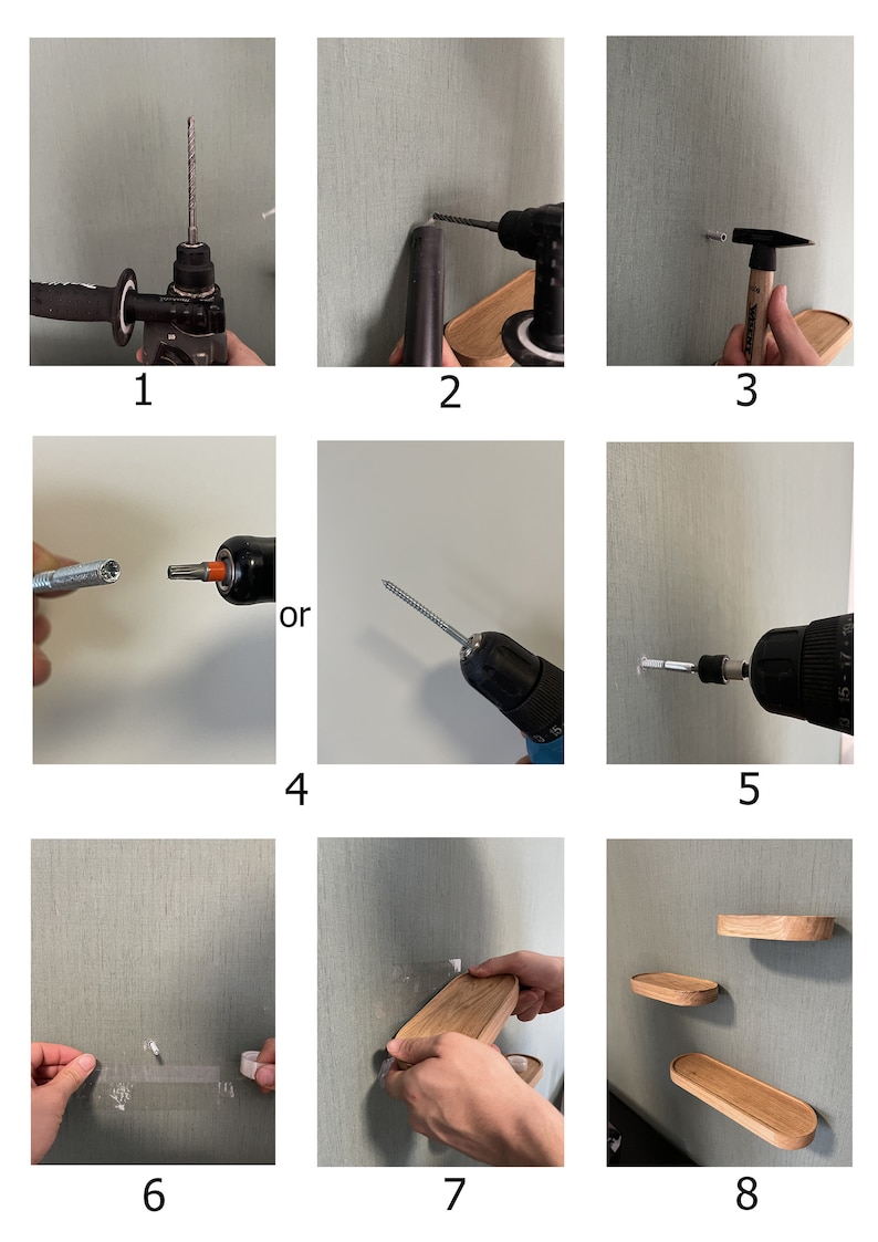 May include: A step-by-step guide on how to install floating shelves. The images show a person using a drill to create holes in the wall, attaching the shelves to the wall, and finally, the finished product with the shelves installed.