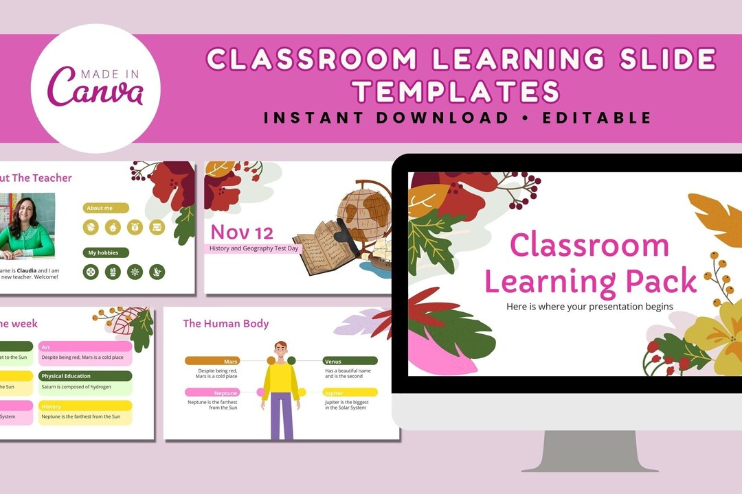 Pink Classroom Learning Pack, Canva Editable Presentation Templates ...